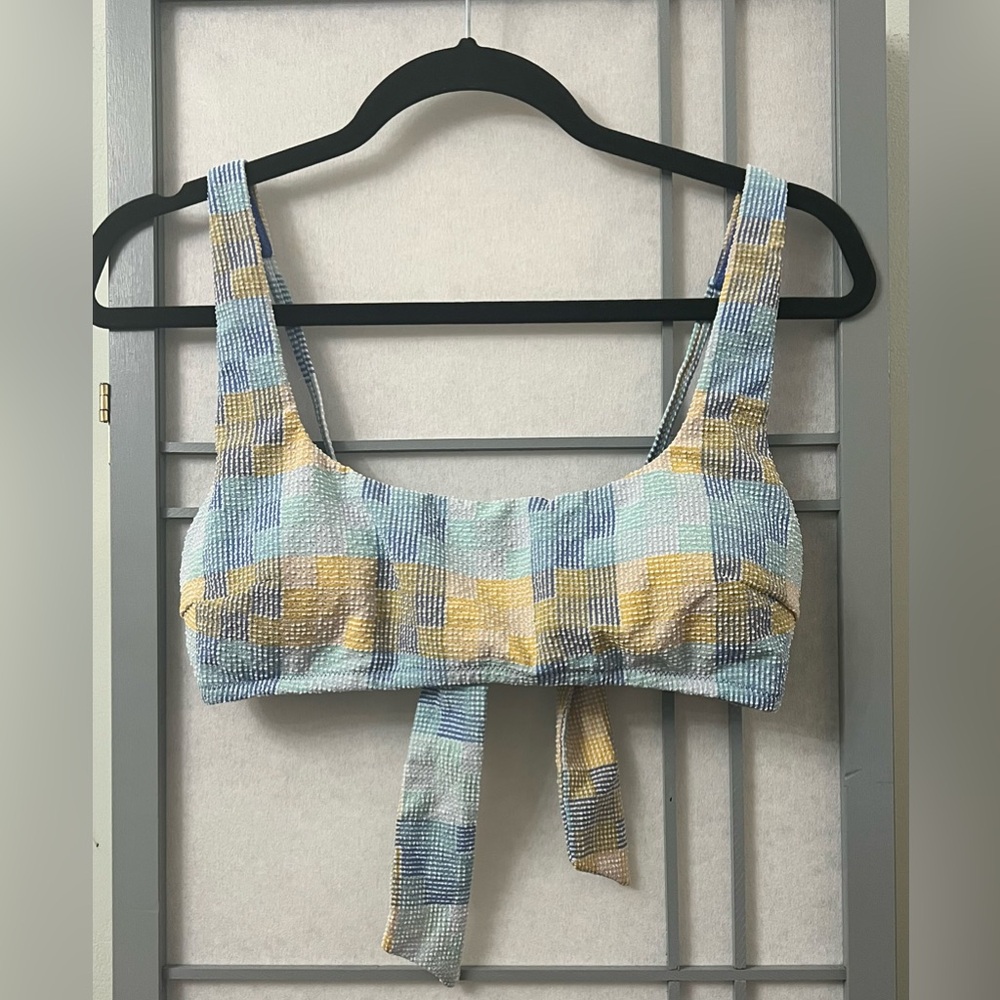 *FINAL DROP* NWT Aerie Large Patchwork Tie Back Scoop Bikini Top Blue Yellow